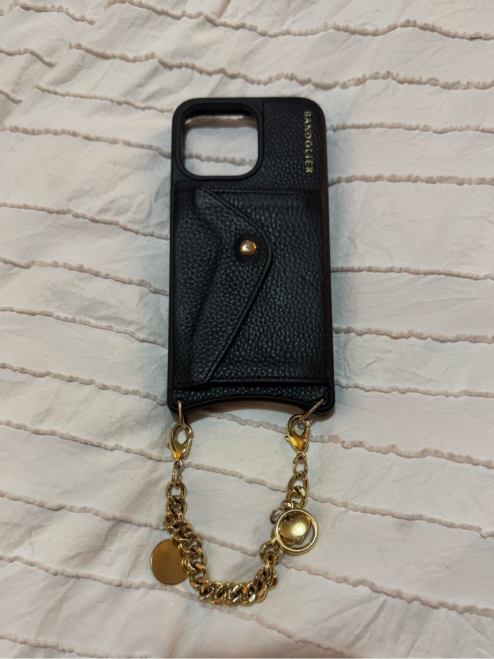 Bandolier Black Leather Phone Case with Gold Chain Accent